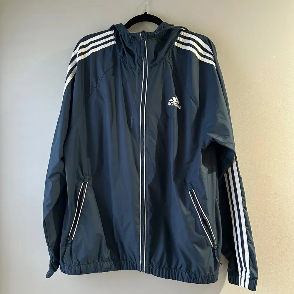 Adidas Lightweight Hooded‎ Windbreaker Jacket Navy Blue White Stripes w/ Pouch